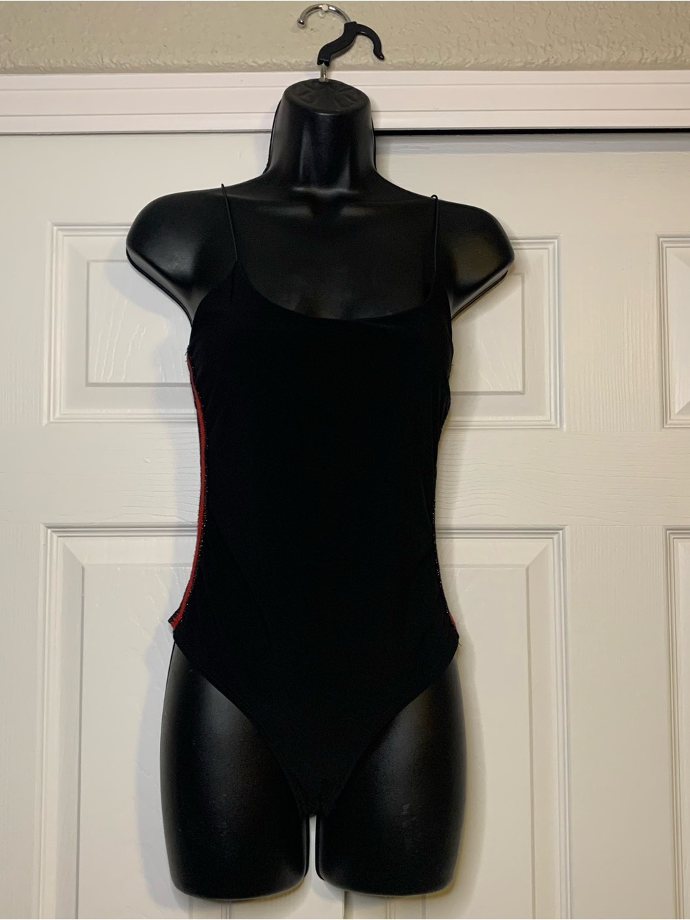A'gaci Black Red Side Glitter Striped Bodysuit